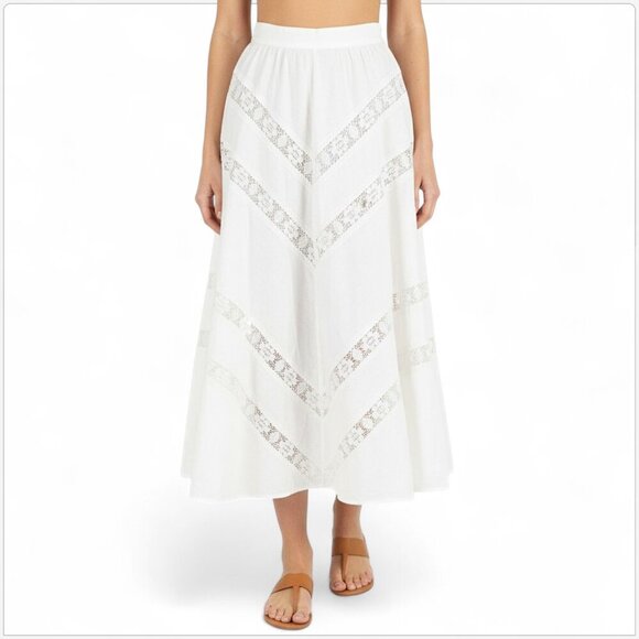 Jona Vintage Vtg White Cream Irish Linen Lace Inset Panel Full Midi Boho Skirt 8 - Picture 1 of 5